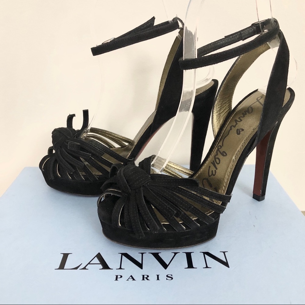 Lanvin Black Suede Knot Peep Toe Platform Sandal Heels